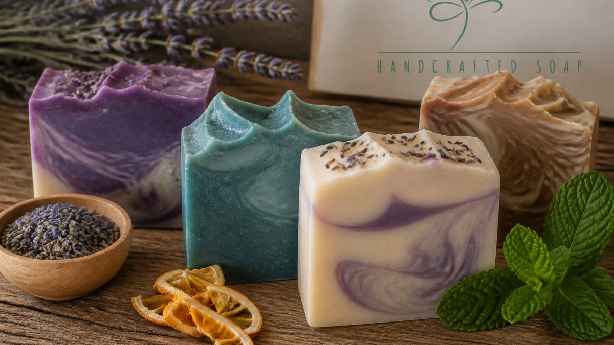 Handcrafted artisan soap bars in jewel tones arranged on wood with lavender, citrus peel, and peppermint leaves.