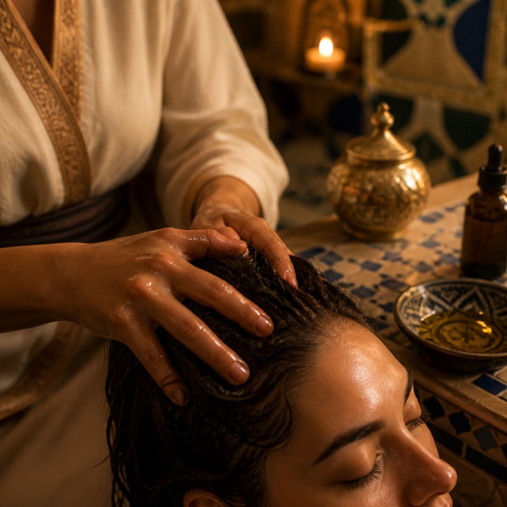 Close-up of hands with golden argan oil being gently massaged into the scalp during a luxurious home spa treatment, showing proper fingertip massage technique with warm lighting