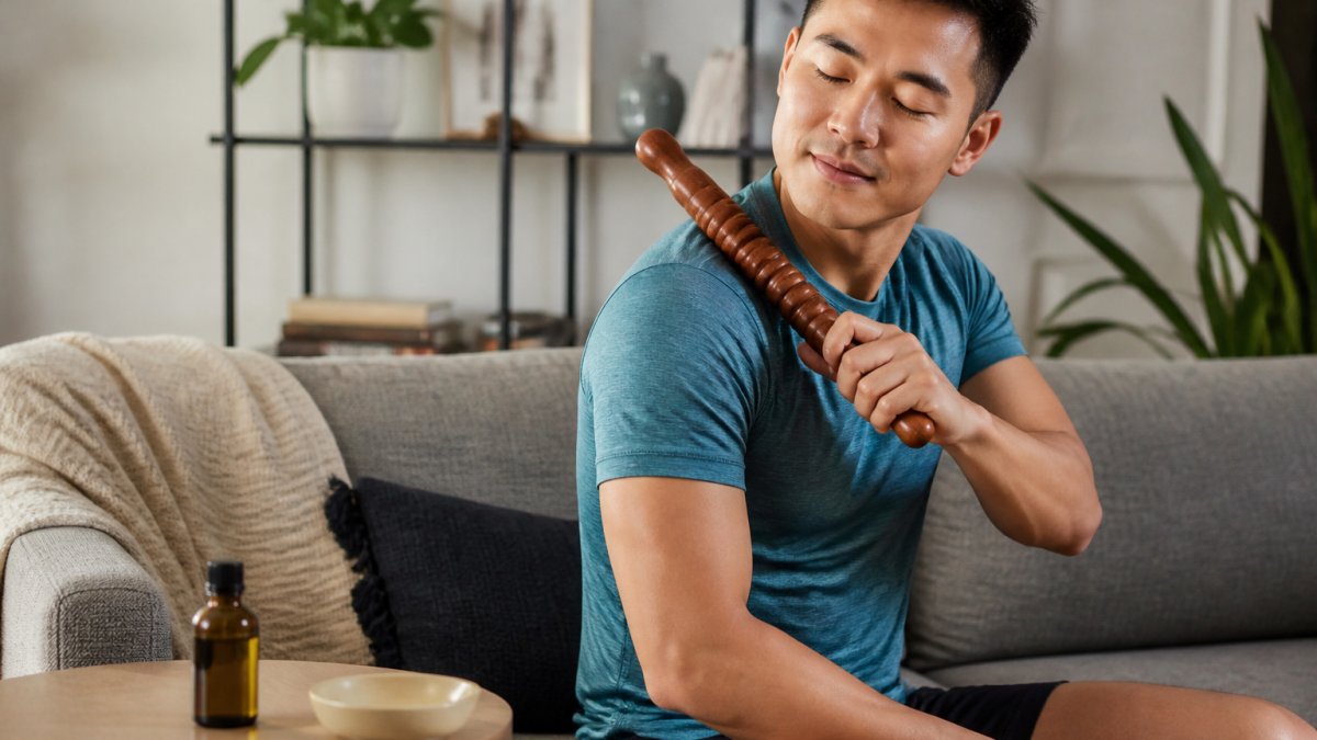 Diagram showing how to use a wooden massage stick on the shoulder with oil