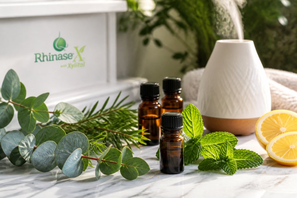 Close-up of eucalyptus essential oil bottle with fresh eucalyptus leaves, peppermint sprigs, tea tree branches, and lemon slices arranged on white marble surface with a ceramic diffuser in soft natural morning light