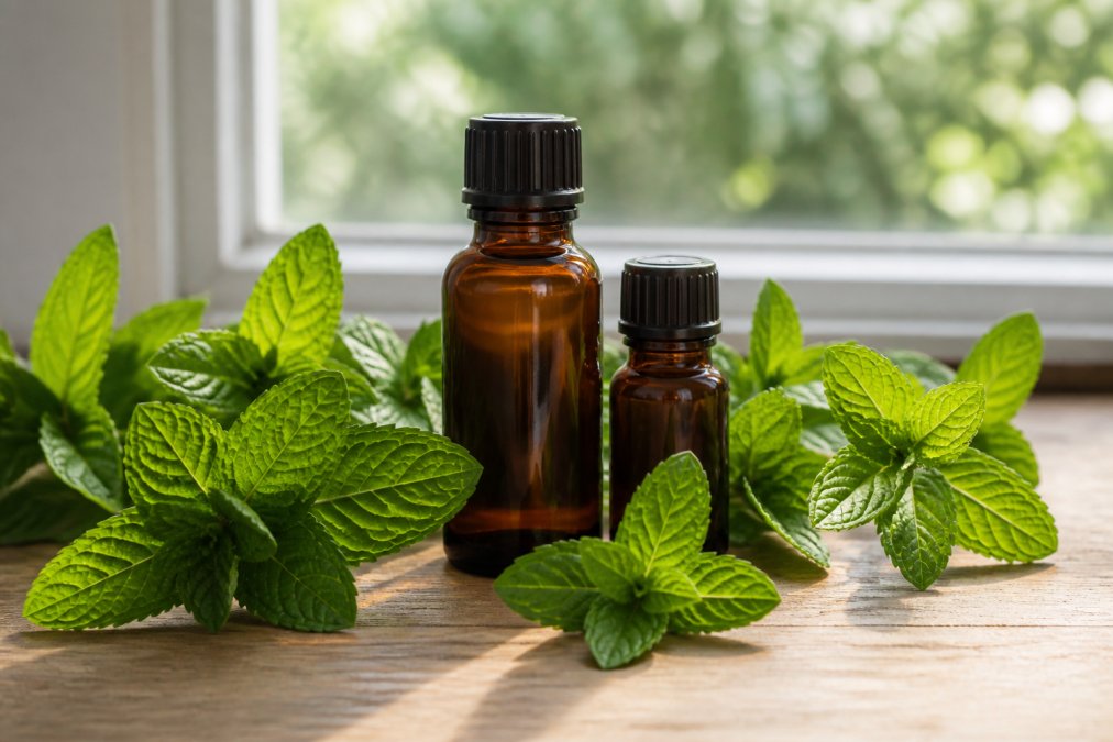 Bottles of pure peppermint essential oil surrounded by fresh peppermint leaves and sprigs on a light wooden surface, with natural window lighting