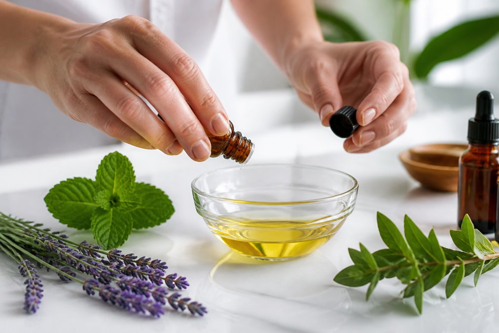 Hands pouring essential oils into a glass bowl containing carrier oil, with fresh botanicals (peppermint, lavender, wintergreen leaves) arranged nearby on a clean white surface