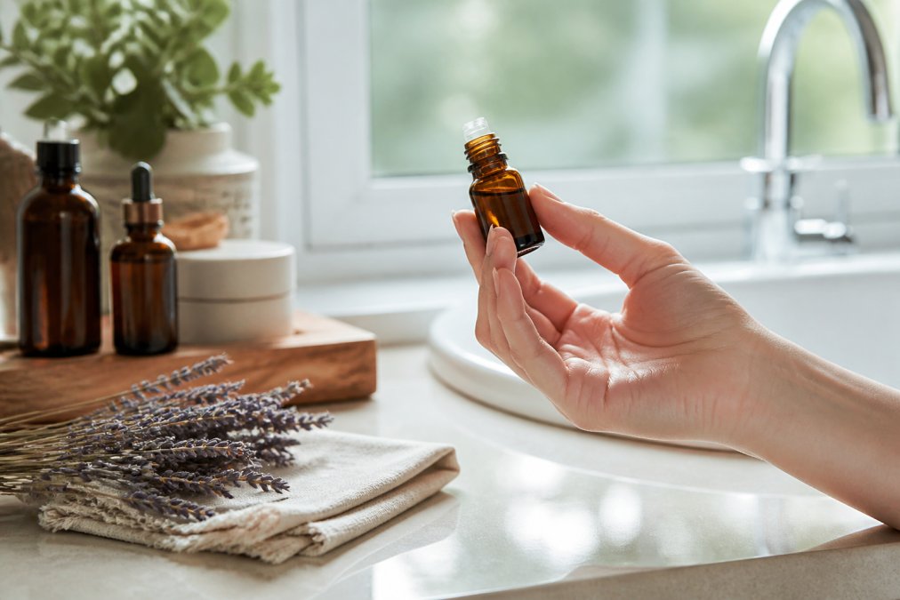 Close-up of a woman's hand holding a small amber glass essential oil bottle against a soft bathroom window, dried lavender sprigs resting on the counter beside a folded linen cloth