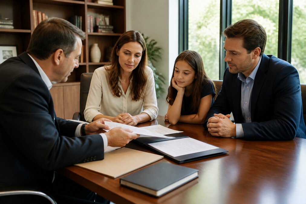 Professional attorney meeting with a family in a modern law office conference room, reviewing estate planning documents together, natural lighting from windows