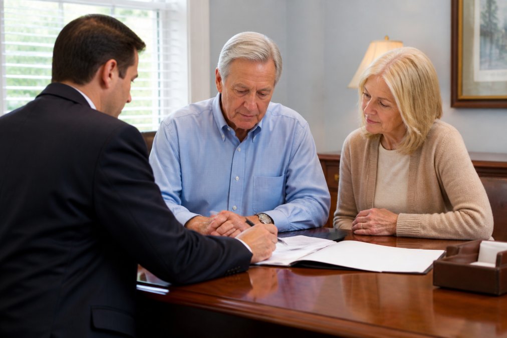 Older couple sitting at a desk with an estate planning attorney reviewing documents together, discussing their future plans in a professional office setting with natural light