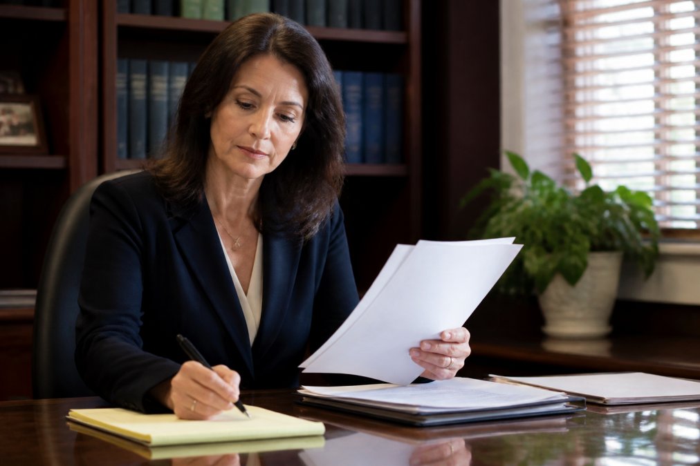 Professional woman in an office reviewing legal documents and making notes on a notepad, symbolizing careful attorney selection and preparation
