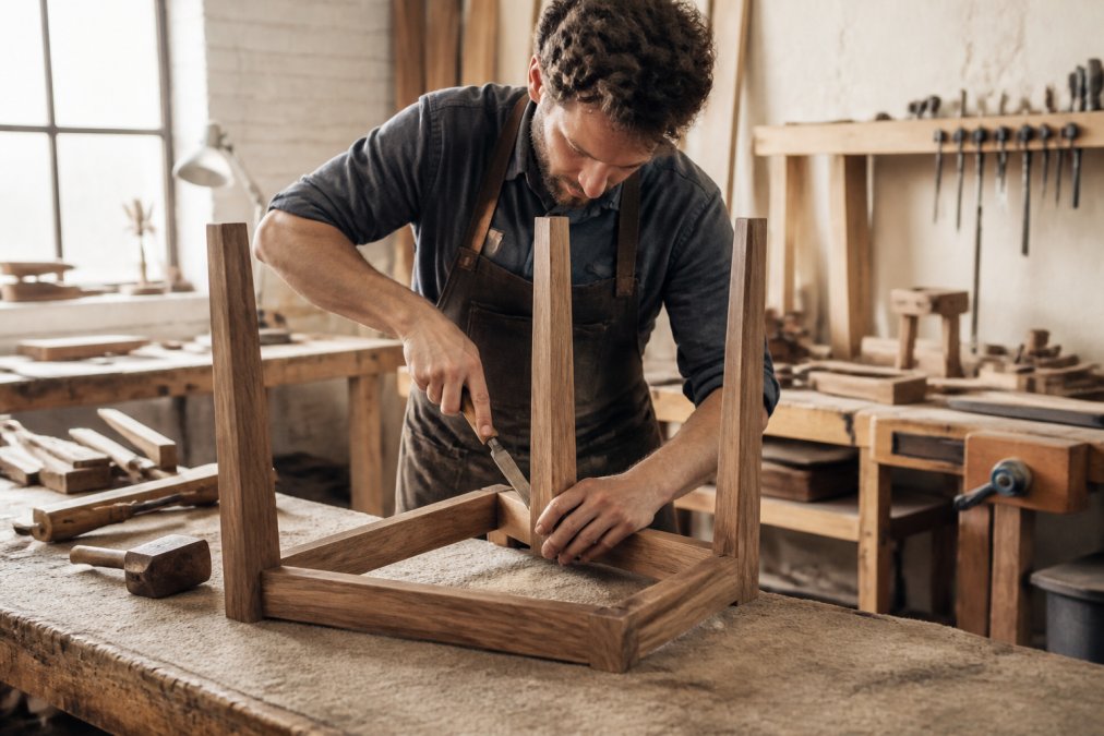 Artisan craftsperson working on solid wood furniture assembly with hand tools in a bright studio workshop, showing detailed joinery and finishing techniques