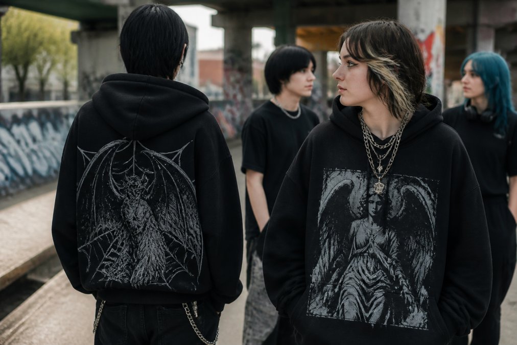 Young person wearing oversized graphic hoodie with double-sided print, styled with dark aesthetic accessories in urban setting with natural daylight