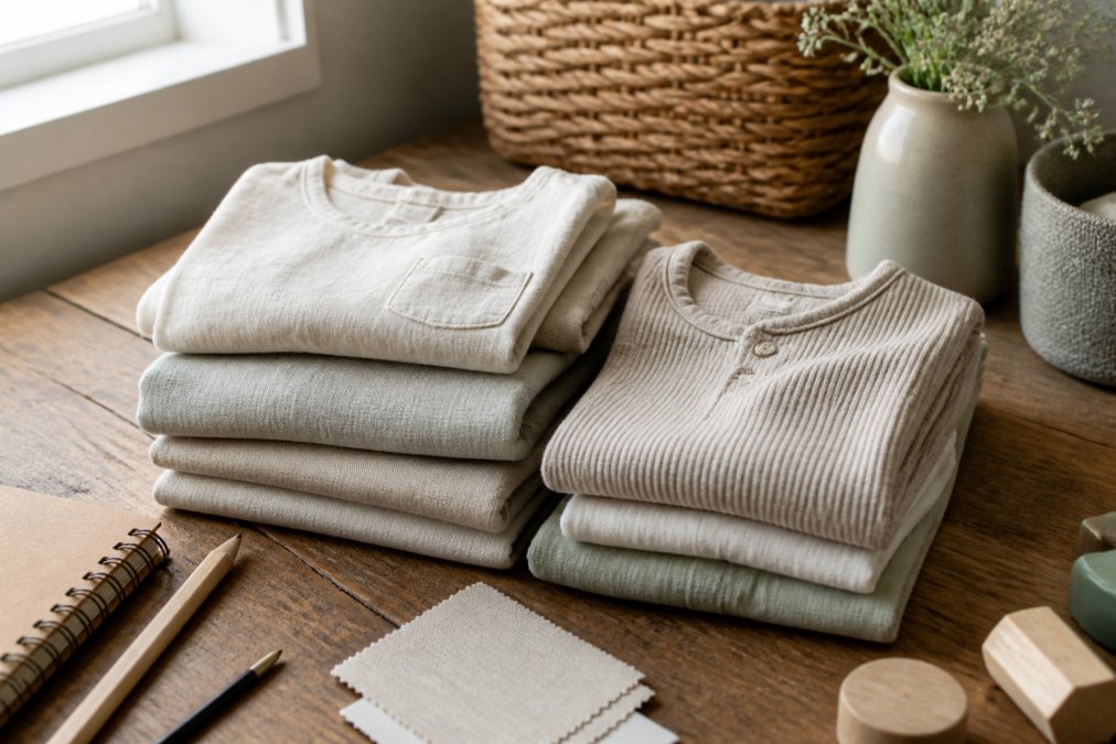 Close-up of folded organic cotton and linen children's clothing in neutral tones arranged on a wooden surface, soft natural daylight from a nearby window