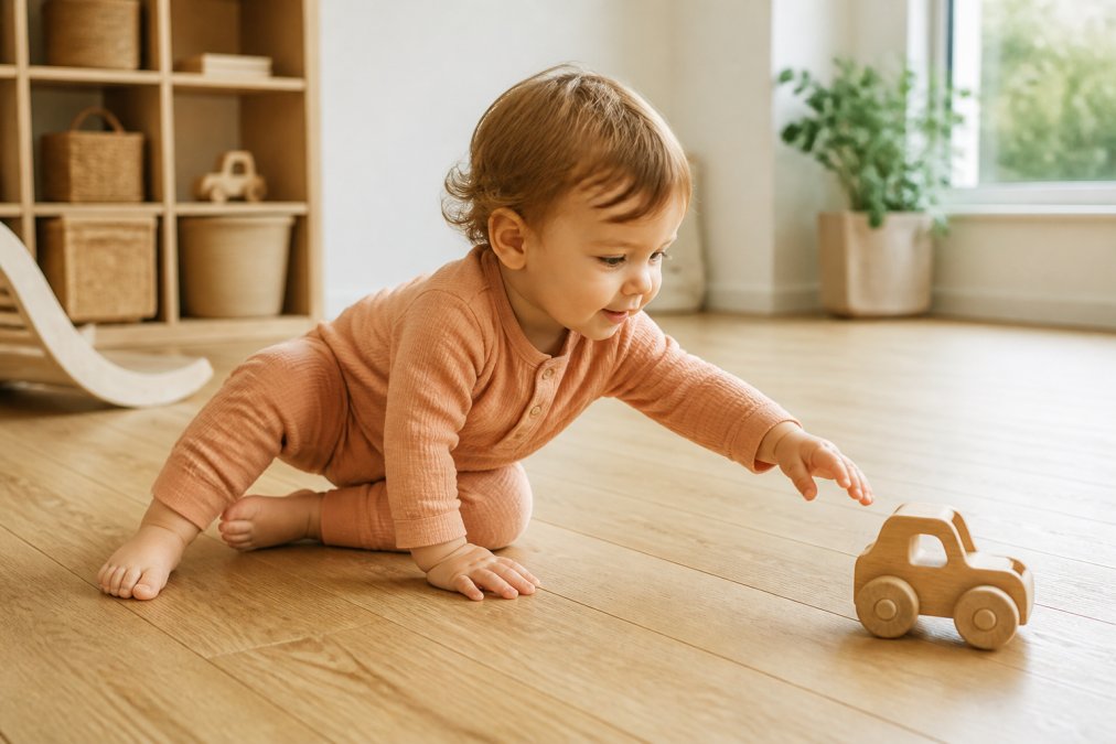 A toddler in a soft peach organic cotton romper playing on a light wooden floor, reaching toward a wooden toy, warm natural light coming through a nearby window in a cozy home