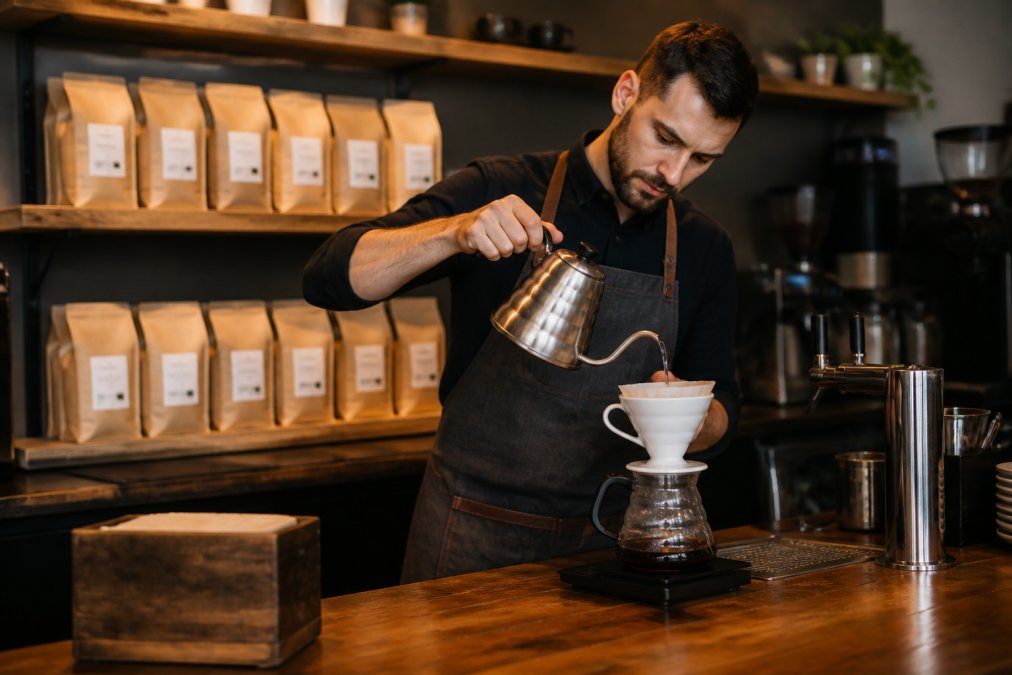 A barista carefully pouring a pour-over coffee at a wooden counter inside a warmly lit Colorado Springs specialty coffee shop, with bags of locally roasted beans visible on shelves in the background