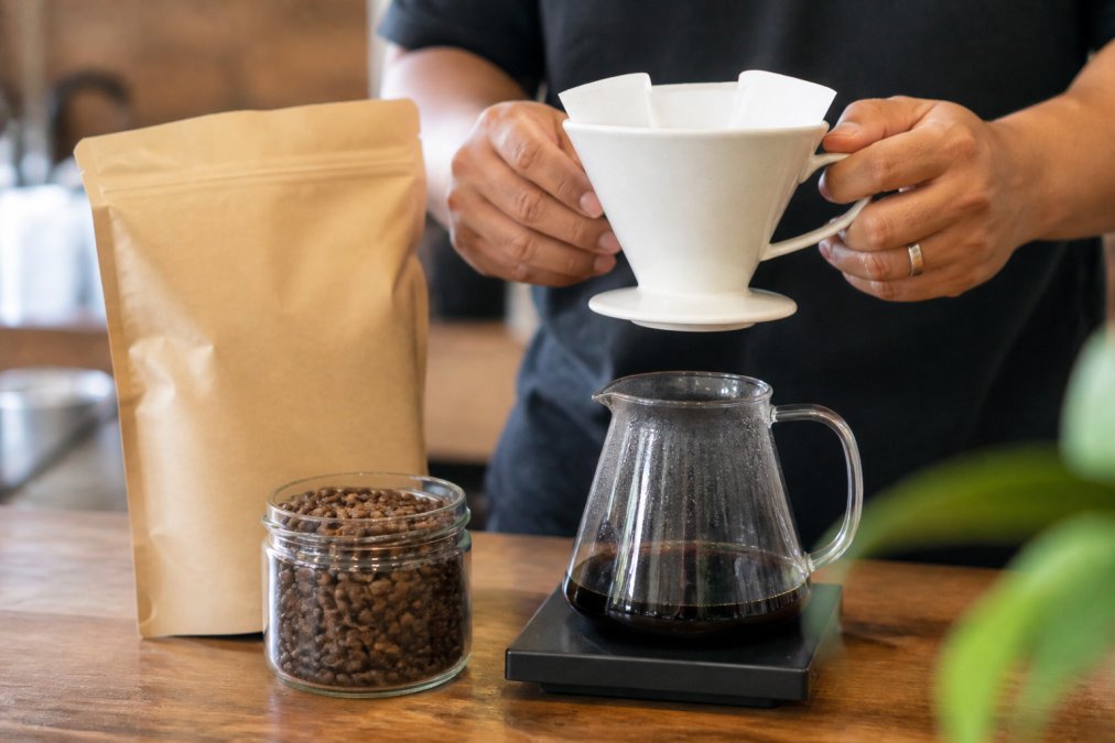 Close-up of hands holding a ceramic pour-over dripper above a glass carafe, with whole arabica coffee beans and a roast date stamp visible on a kraft paper bag on the counter beside it