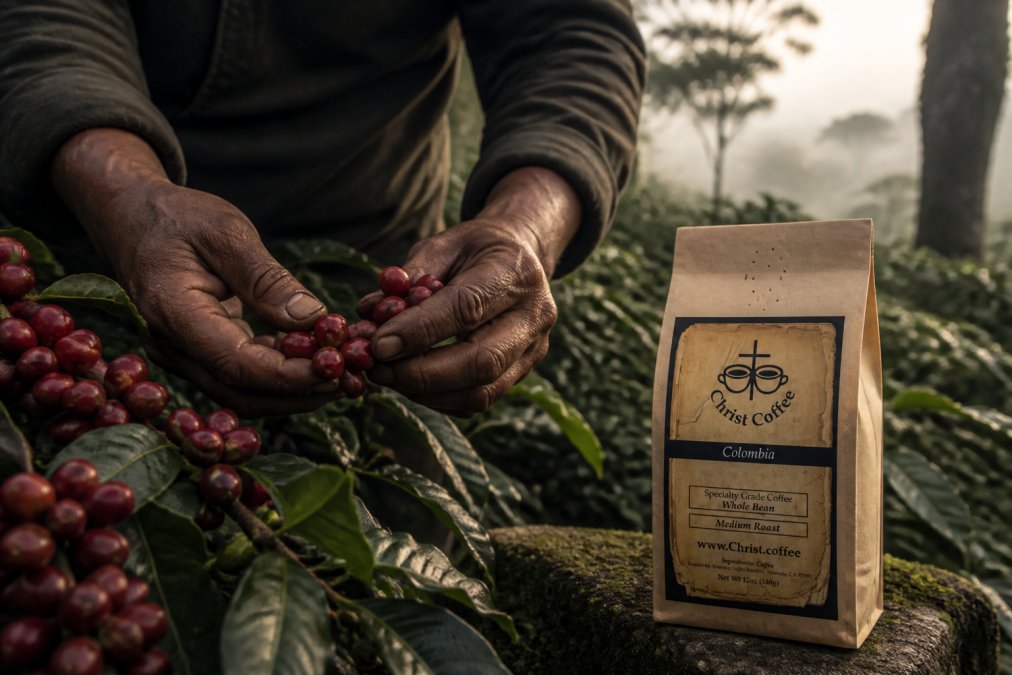 Close-up of coffee farmer's weathered hands carefully harvesting deep red coffee cherries from shade-grown plants beneath native trees, morning mist visible in the background