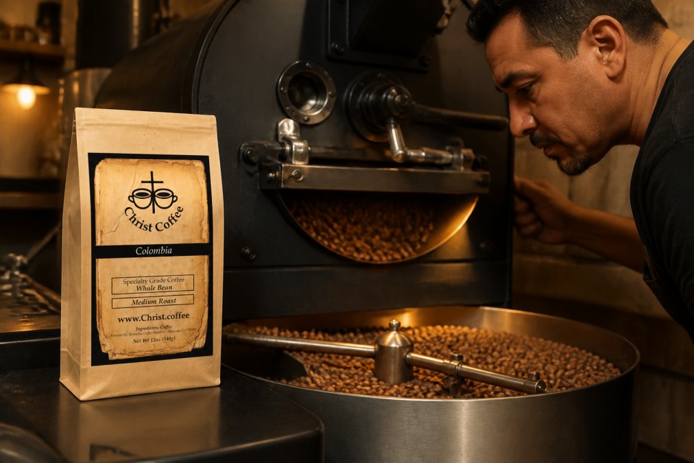 Specialty coffee roaster carefully monitoring fresh beans tumbling inside a small-batch roasting drum, warm amber light from the roaster illuminating the focused technician's face in the roasting room