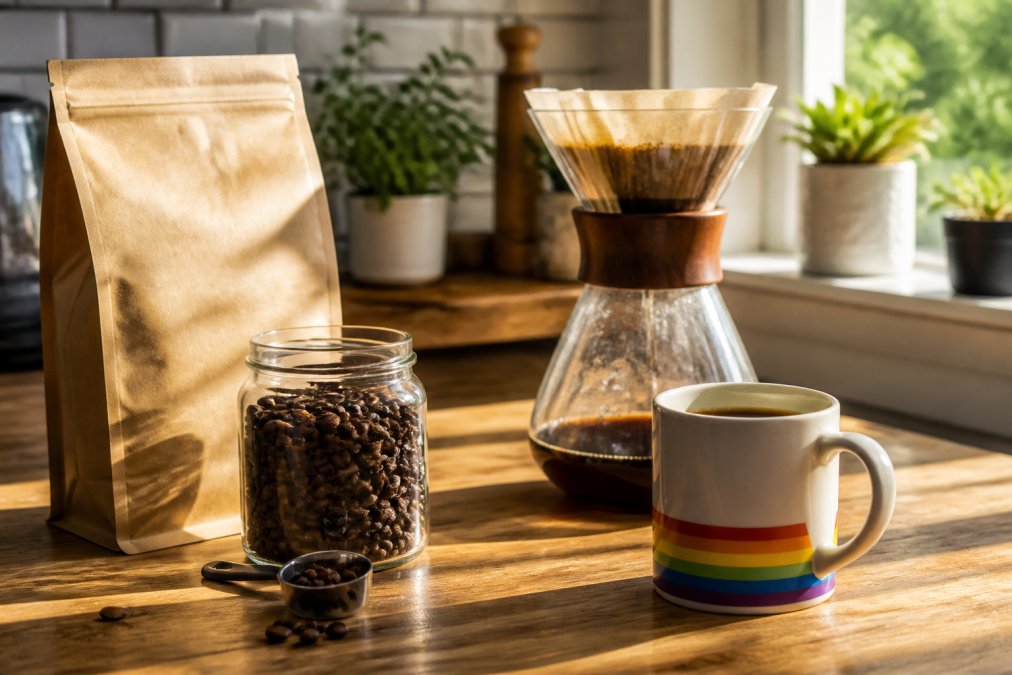 A warm kitchen counter scene with a bag of freshly roasted coffee beans, a pour-over setup, and a mug bearing a subtle rainbow pride design, morning light streaming in