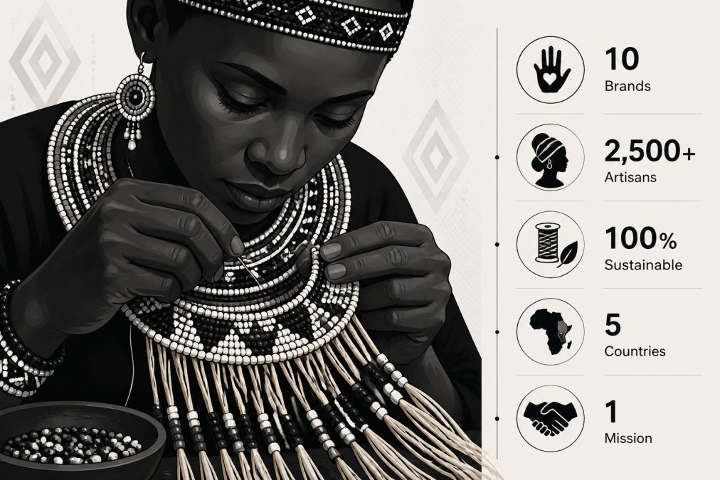 Close-up of hands carefully beading a traditional East African necklace, showing intricate handwork with colorful beads and natural fiber strands, warm studio lighting highlighting the artisan's focused expression