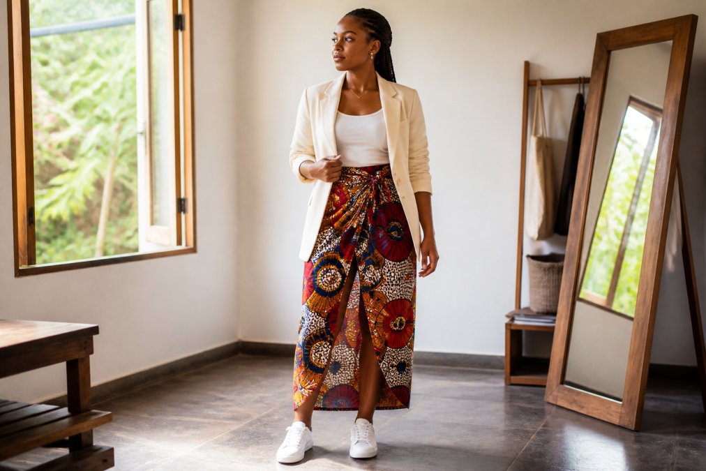 Person wearing a vibrant East African print wrap skirt paired with a neutral cream-colored linen blazer and modern white sneakers, standing in natural daylight near an open window, confident posture