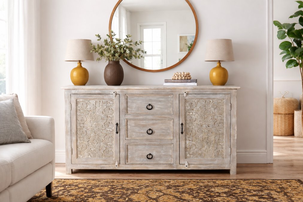 Hand Carved Sideboard Cabinet | Reclaimed Acacia Wood