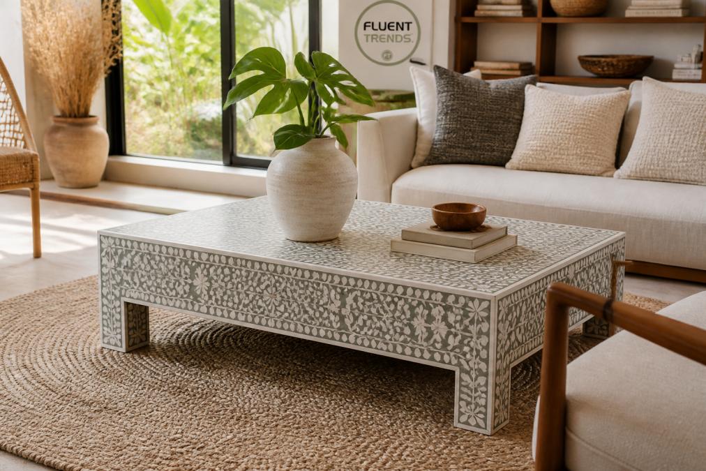 Six-step infographic detailing the artisan craftsmanship process behind sustainable living room furniture pieces.