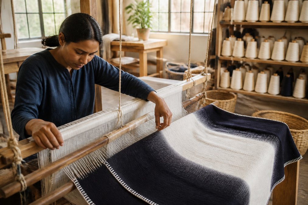 Artisan hands weaving organic cotton on a traditional handloom in a sun-lit workshop, natural fiber spools visible in the background