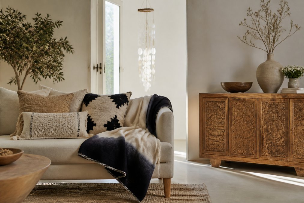 A warmly lit minimalist living room with handwoven throw pillows on a linen sofa, a carved mango wood sideboard against a white wall, and a mother of pearl wind chime catching light near an open window