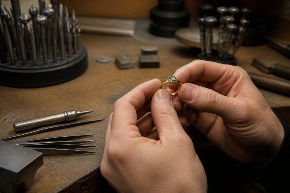 Close-up of a jeweler's hands inspecting a finished 18k gold ring with a small emerald, workbench with precision tools softly blurred in the background under warm workshop lighting