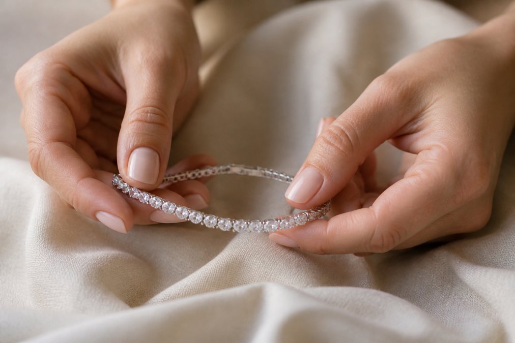 Woman’s hands holding a delicate moissanite tennis bracelet, a beautiful example of ethical jewelry on cream linen.