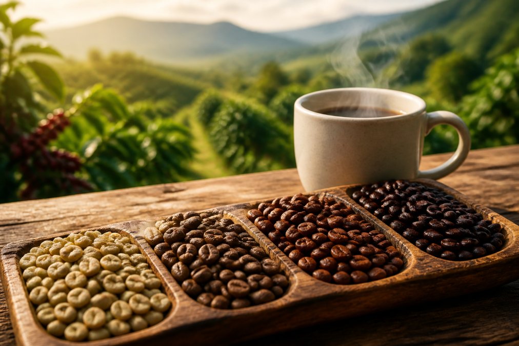 Close-up of freshly roasted coffee beans in various roast levels, arranged on a wooden surface with a steaming coffee cup and blurred farm landscape in soft morning light