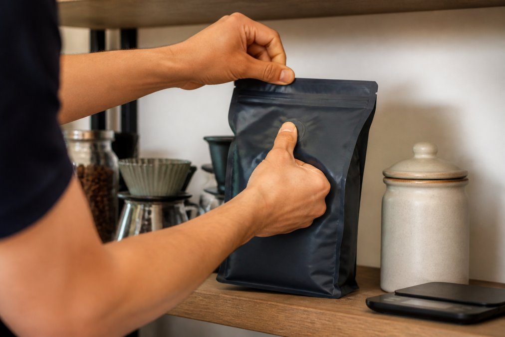 Close-up of hands sealing a valve-sealed coffee bag and placing it on a kitchen shelf next to a ceramic canister and digital scale
