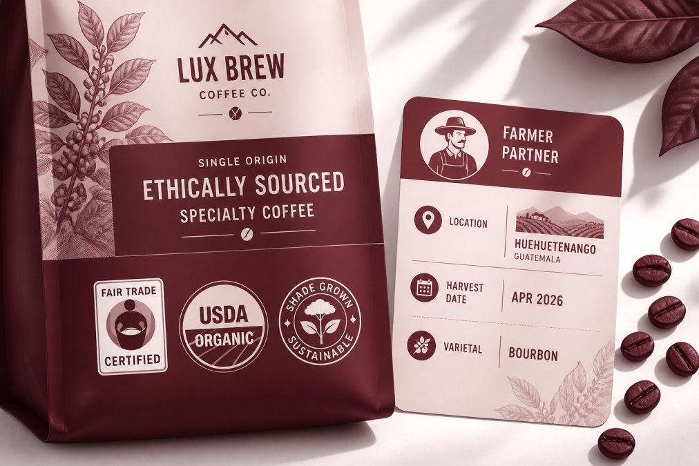Close-up of coffee bean packaging showing Fair Trade certification seal, organic stamp, and farmer information card with plantation location and harvest date visible on white surface with natural morning light