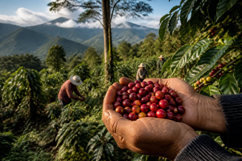Hands holding freshly harvested coffee cherries over a mountainous shade-grown coffee plantation with native trees and smallholder farmers working in the background, warm morning light filtering through the canopy