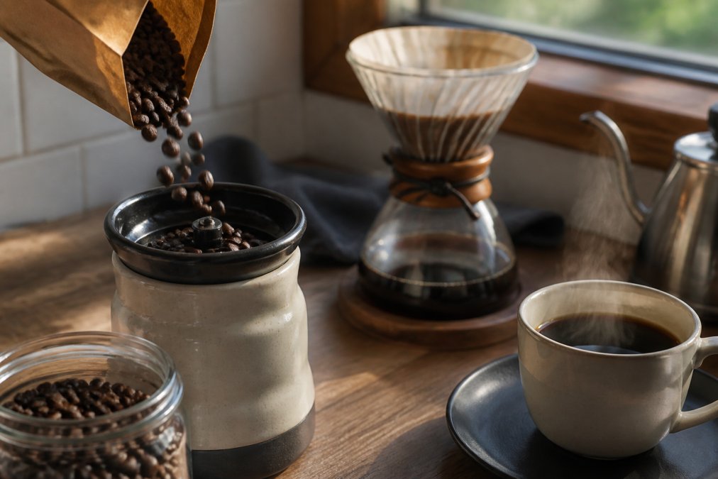 Close-up of freshly roasted dark coffee beans being poured into a ceramic grinder, with a pour-over cone setup and a steaming cup of brewed coffee beside it in natural morning light from a kitchen window