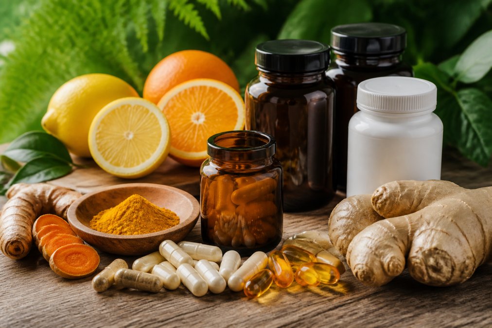 Close-up of supplement bottles and capsules arranged on natural wooden surface with fresh ginger root, turmeric powder, and citrus fruits nearby, emphasizing natural sourcing and clean ingredients