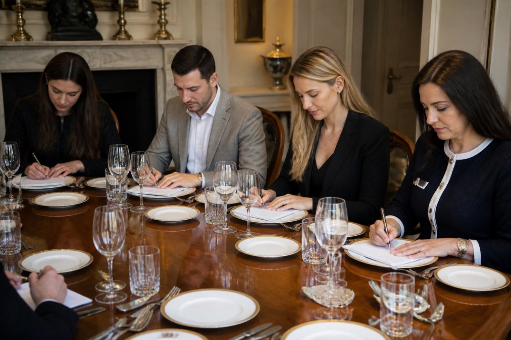 A small group of adults seated around a polished table in an elegant London training room, taking notes during an etiquette lesson, with fine tableware and glasses arranged in front of them