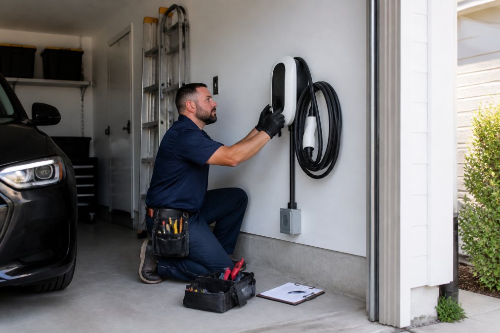 Electrician performing a residential ev charger installation on a garage wall with tools nearby