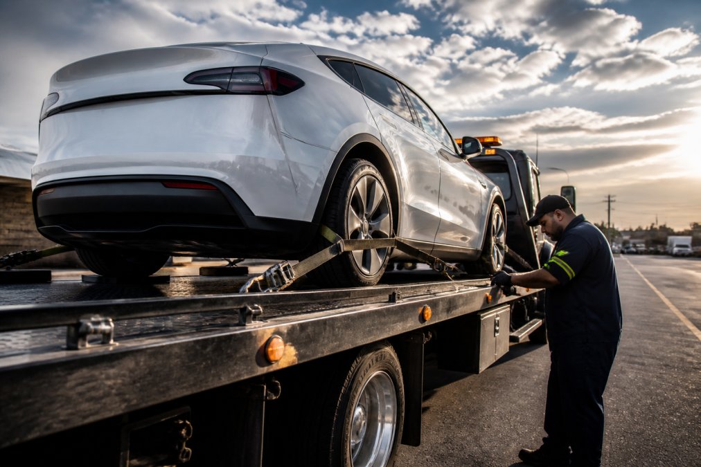 Professional towing operator securing an electric vehicle on a flatbed truck with all four wheels elevated off the ground, using wheel straps and blocking equipment in daylight