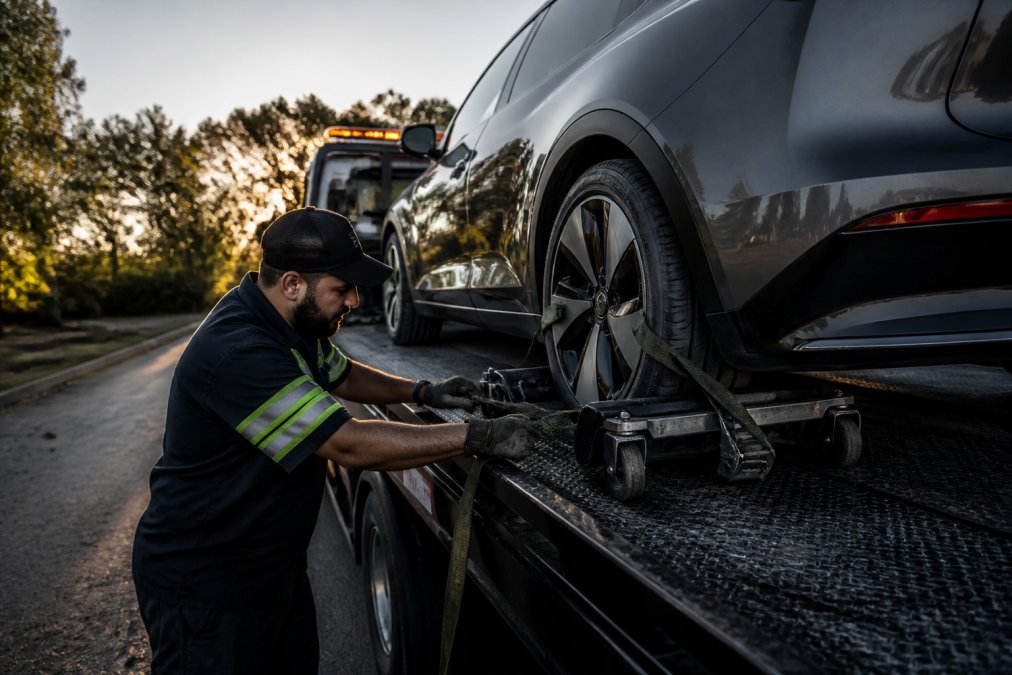 Professional towing operator carefully positioning wheel dollies and securing straps on an electric vehicle during flatbed loading, demonstrating proper handling techniques in daylight