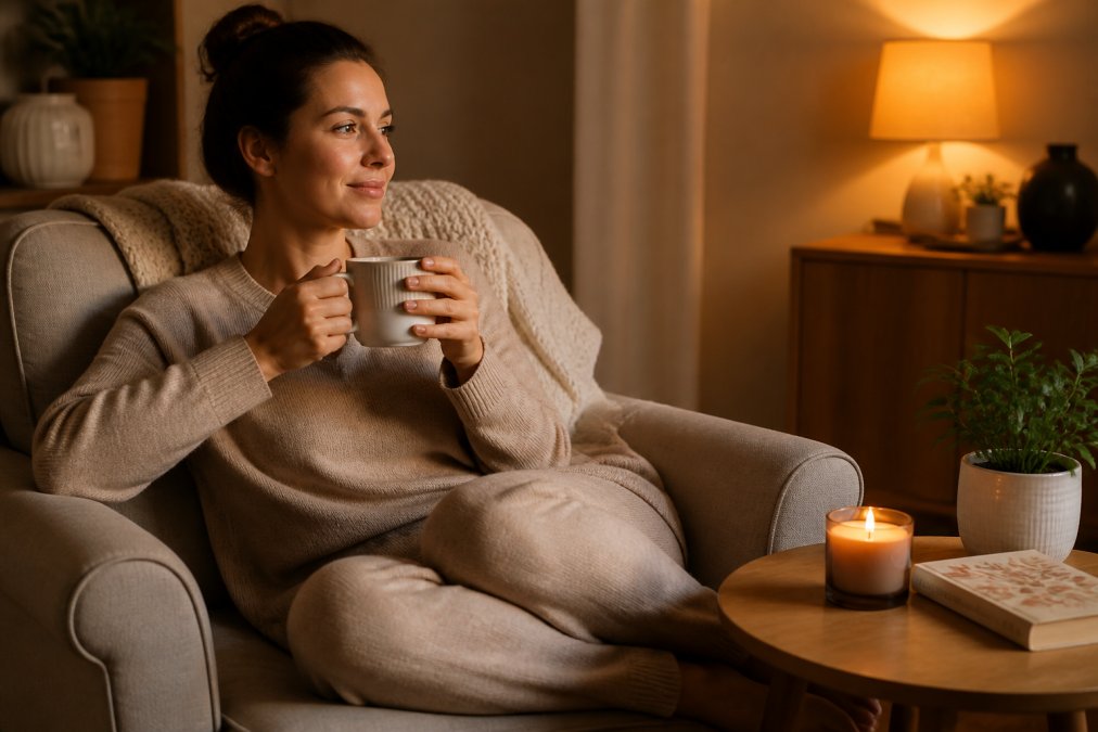 Infographic illustrating a relaxing sequence of evening routines with tea, reading, and dim lighting for better sleep
