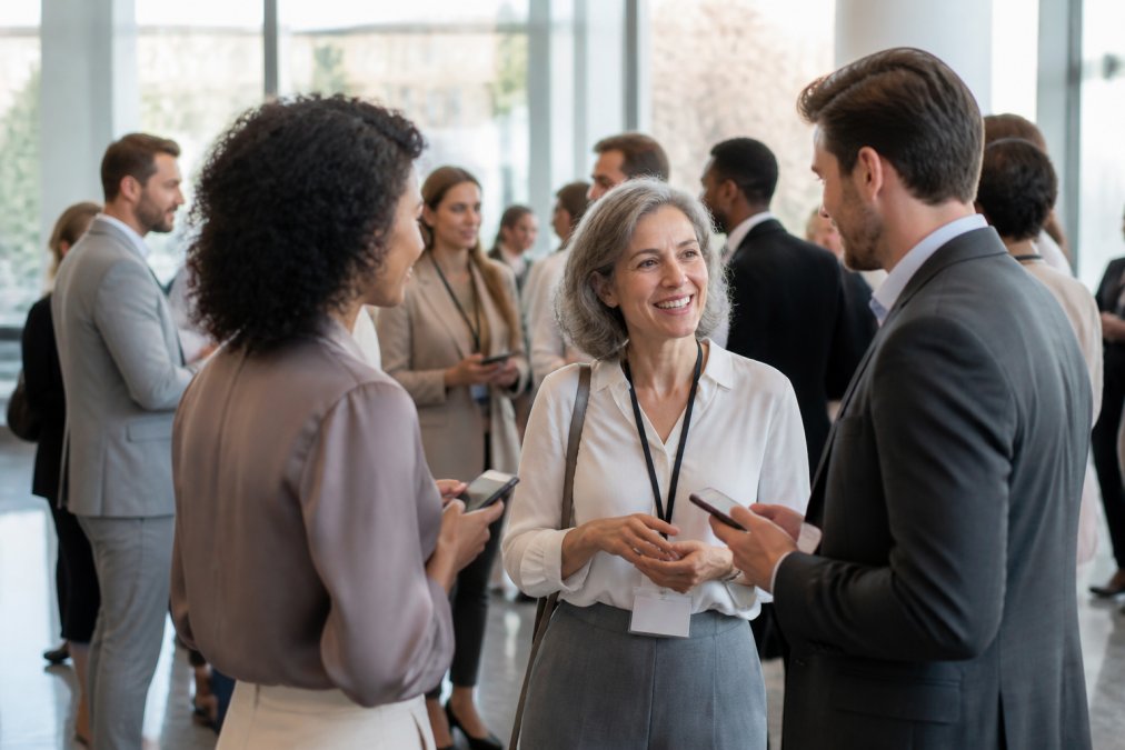 Diverse group of association members networking at a professional event, engaged in conversation with mobile devices visible, natural lighting in modern venue