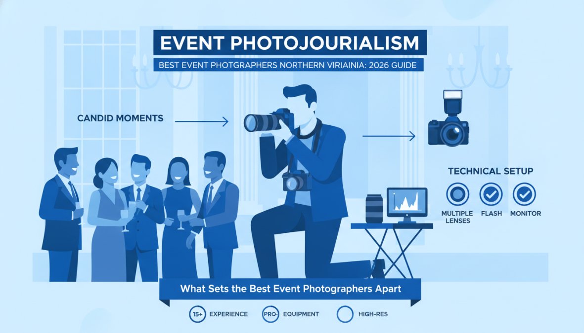 Professional event photographer with professional-grade camera and multiple lenses displayed on a table at a corporate gala, showing professional equipment setup and technical expertise