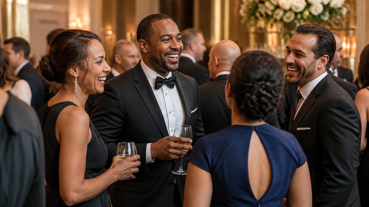 Gala guests mingling and laughing naturally during a reception, with warm ambient lighting and elegant attire, capturing genuine interaction and emotion