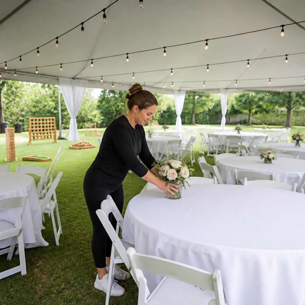 A backyard wedding reception in North Texas with white folding chairs and round tables under a large white tent, string lights overhead, green lawn visible
