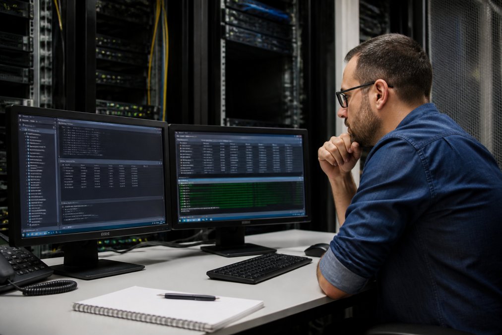 Database administrator reviewing performance metrics on dual-monitor setup in modern data center, concentrating on query optimization results with focused intensity