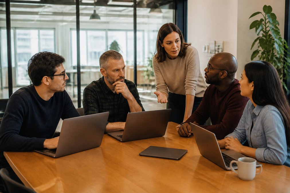 Cross-functional team of developers and database administrators collaborating around conference table with laptops, discussing tool selection and implementation strategy in bright modern office