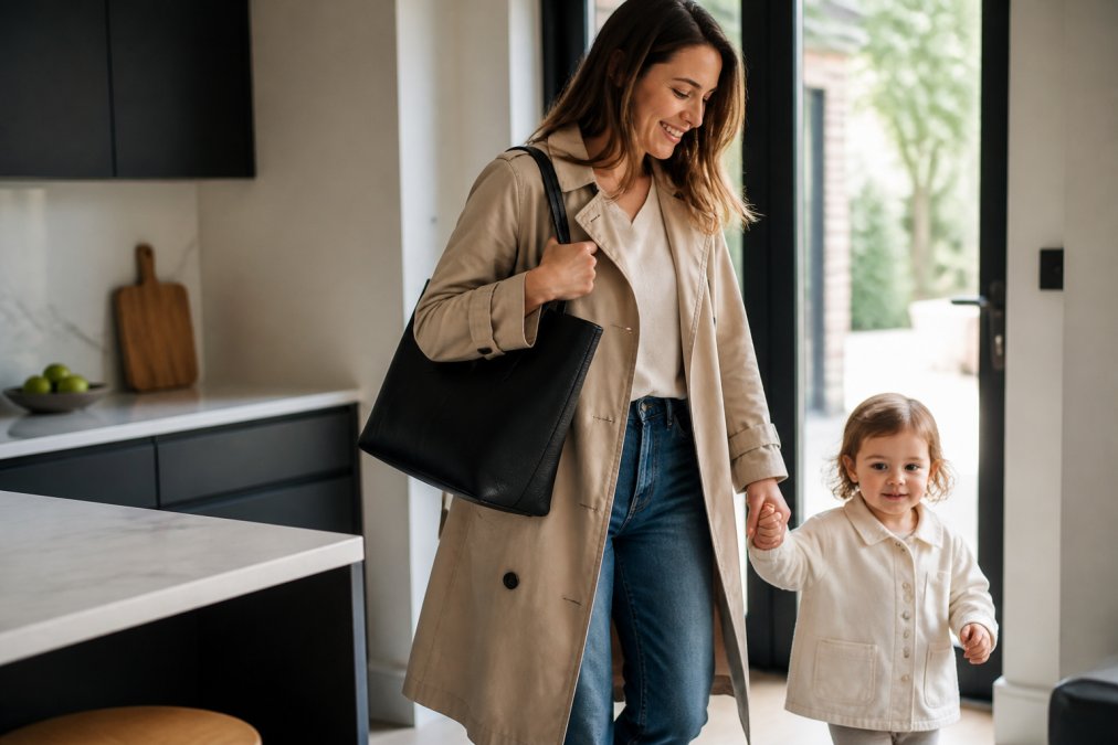 A stylish mother in a bright modern kitchen, holding a black leather tote bag on her shoulder while holding a toddler's hand, ready to leave the house