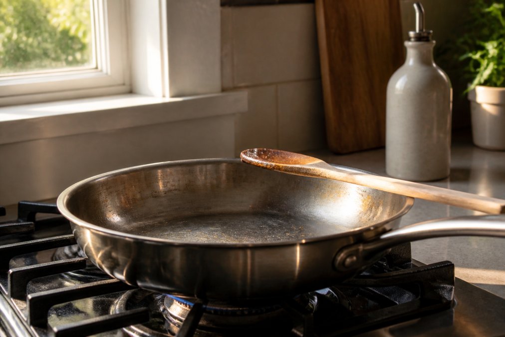 A well-used stainless steel frying pan on a gas stovetop with a wooden spoon resting on the edge, warm afternoon light coming through a kitchen window, a ceramic olive oil dispenser visible on the counter behind it