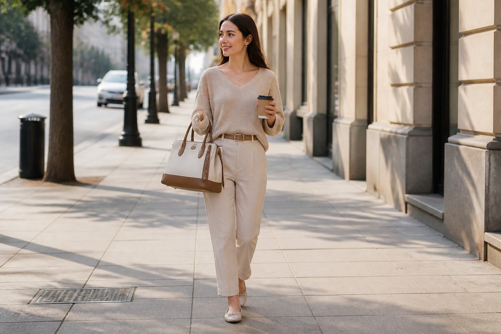 A woman in a neutral outfit walking through a city street with a structured satchel and everyday essentials footwear.