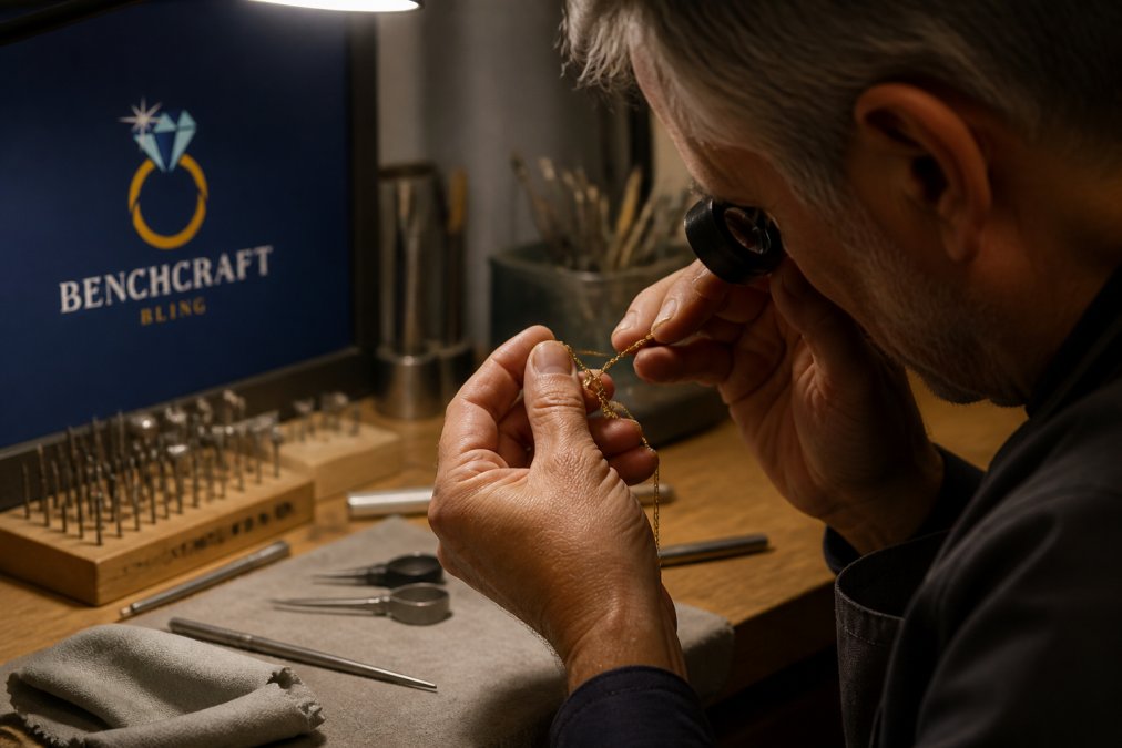 Jeweler using a loupe to inspect a delicate gold pendant chain on a workbench with professional tools