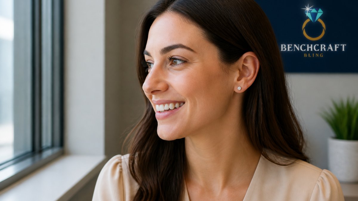 Woman wearing delicate lab-grown diamond stud earrings in 14K gold at her desk during work, natural office lighting catching the sparkle of the stones