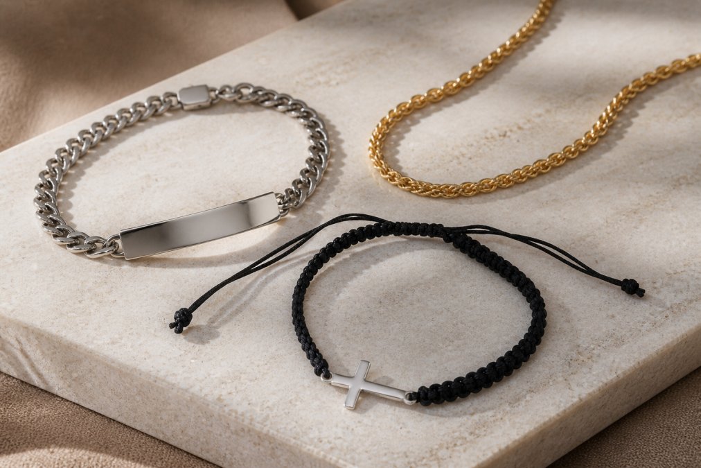 Close-up of various metal jewelry pieces including titanium bracelet, gold chain, and silver ring displayed on a light surface, showing different finishes and metallic textures in natural daylight